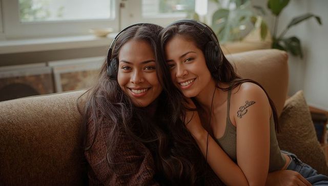 Two friends sharing headphones on cozy sofa, smiling and listening to music together