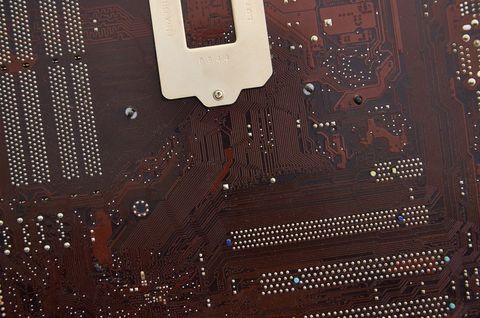 Close-up view of electronic circuit board detailing traces and components