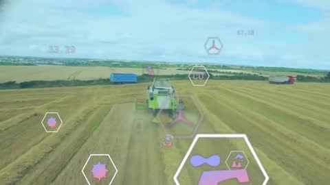 Drone View of Combine Harvester with AR Data in Wheat Field