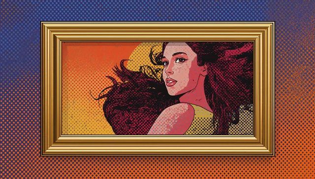 Retro pop-art glamour portrait in ornate gold frame on vibrant halftone gradient wall