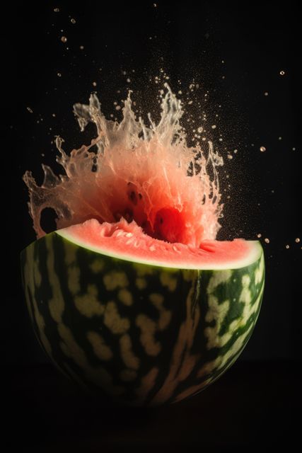 Close up of watermelon exploding on black background created using generative ai technology - Download Free Stock Photos Pikwizard.com