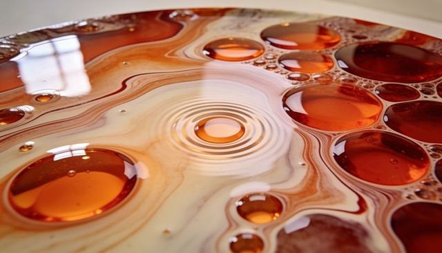Milky swirl forming central ripple with amber oil droplets and bubble highlights
