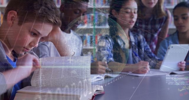 Image of data processing binary coding over students in classroom. global education, digital interface and networks concept digitally generated image.