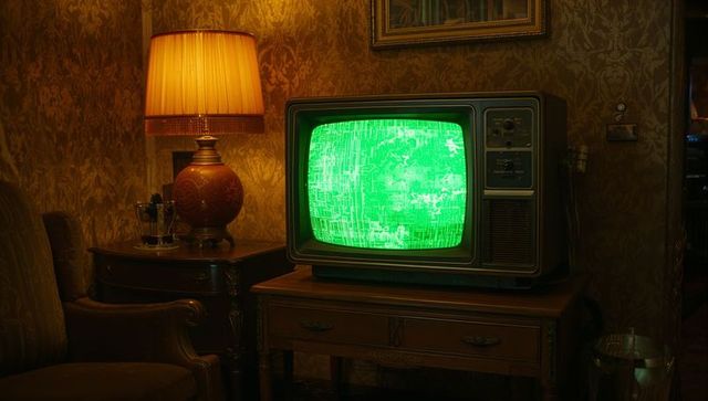 Retro CRT TV Emitting Green Static in Midcentury Parlor with Warm Amber Lamp