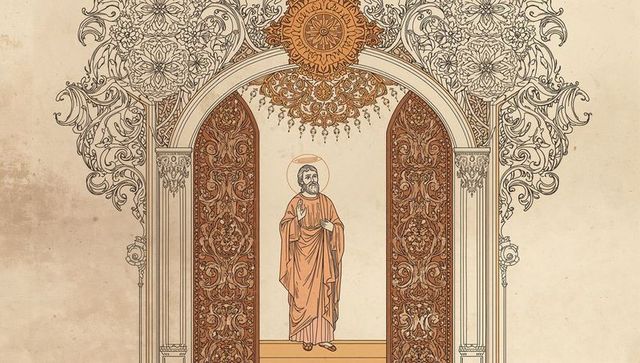 Haloed saint in ornate chapel niche