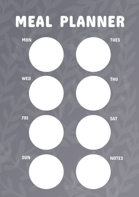 Illustration showing a weekly meal planner with blank spaces for each day of the week and a section for notes. Each day is marked with circles over a subtle leaf pattern, providing a structured yet flexible framework for organizing meals. Ideal for use in printable planners, diet planning tools, bullet journals, and as part of digital planners.