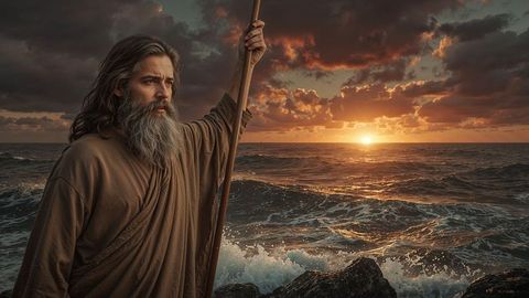 Bearded moses in cloak holding staff by ocean sunset