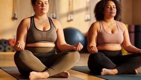 Two Plus-Size Women Meditating on Yoga Mats in Sunlit Studio Practicing Mindfulness