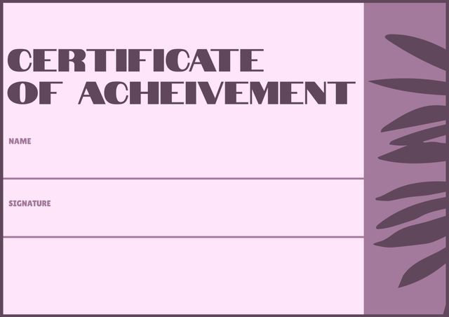 Purple and lilac certificate of achievement with elegant leaf design. Ideal for academic awards, professional recognitions, employee of the month, training completions. Customizable template allows for personal name and signature additions. Perfect for schools, universities, corporate events, and ceremonies.