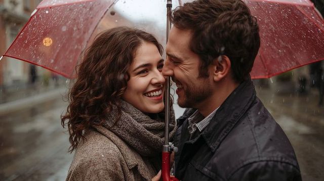 Couple Sharing Red Umbrella and Laughing on Rainy Urban Street Embracing Romance