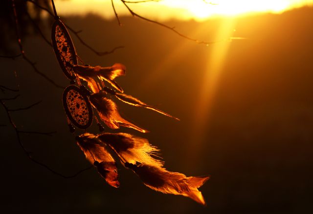 Dreamcatcher adorned with feathers catching the warm golden sunlight of sunset. Ideal for themes of spirituality, nature, tranquility, and inspiration. Suitable for blogs, websites, or articles focused on Native American culture, bohemian decor, and relaxing aesthetics.