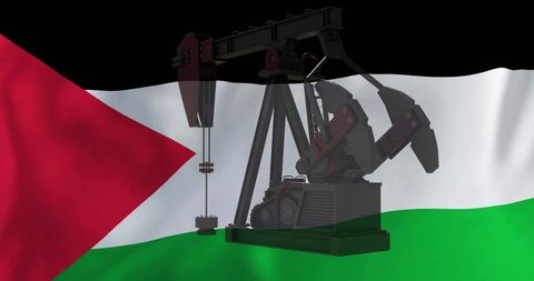 Oil rig silhouette over palestine flag