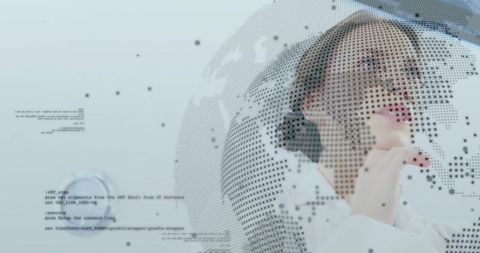 Thinking professional woman holding chin, viewing dotted globe with code overlay