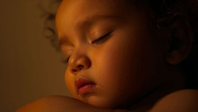 Sleeping newborn closeup with warm golden glow, curled lashes and peaceful expression