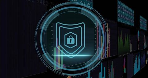 Holographic Shield HUD Projecting Over Cybersecurity Dashboard with Neon Data Visualizations