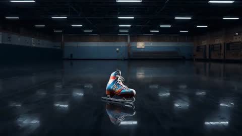 Moving camera closing on retro colorful ice skate at empty hockey rink, mirrored on floor