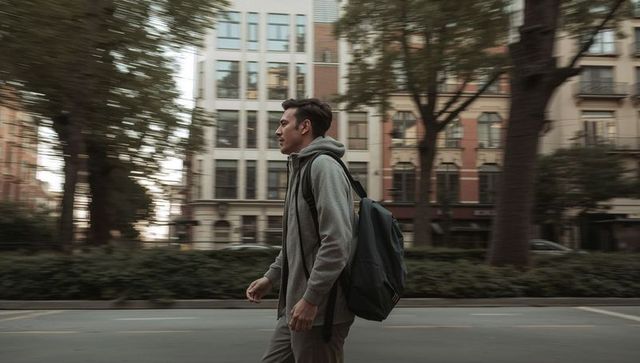 Young Man Walking on City Street Wearing Hoodie and Large Backpack Urban Commuter