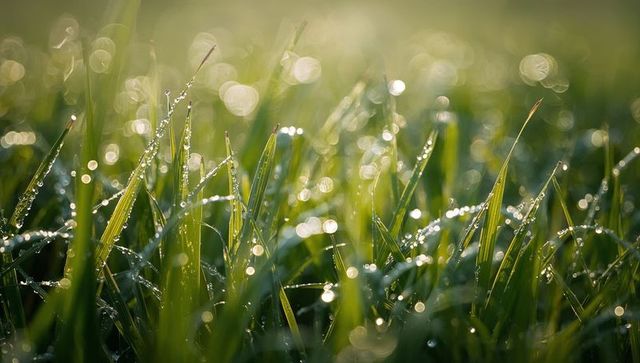 Dew-laden grass blades sparkling in warm morning light with bokeh droplets