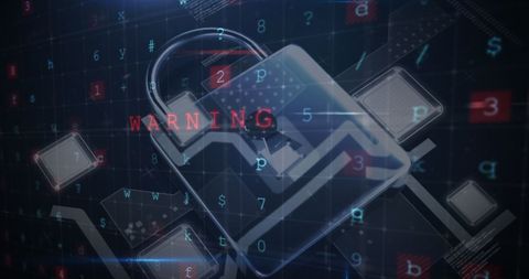 Digital lock with warning highlighting cybersecurity threats
