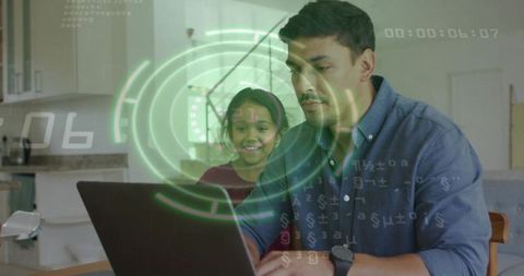 Father working on laptop with daughter watching futuristic hud overlays, remote learning