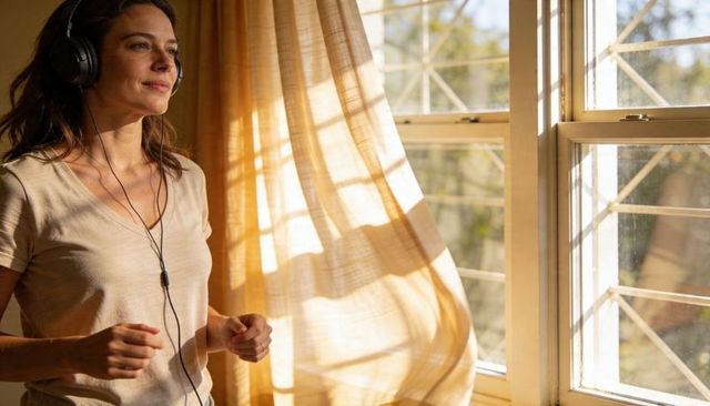 Woman listening to music on headphones by sunlit window with flowing curtain