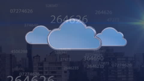 Digital Cloud Icons Over Cityscape with Data Overlay Animation