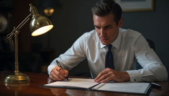 Executive signing contract at polished desk under brass lamp, focused businessman