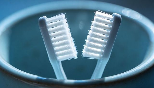 Pair of white toothbrushes facing each other in ceramic cup close-up bristle detail