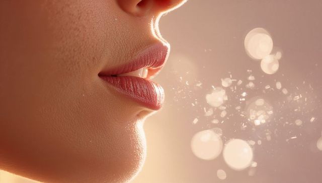 Close-up glossy lips breathing sparkling powder with soft bokeh and skin texture glow