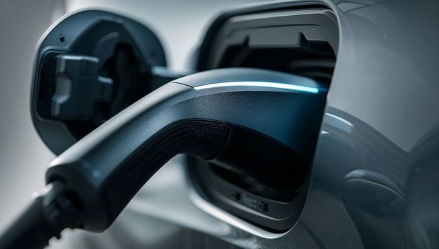Close-up EV charging connector plugging into vehicle port with blue LED glow, textured handle