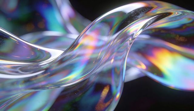 Iridescent glass ribbon twisting with rainbow light and prismatic reflections