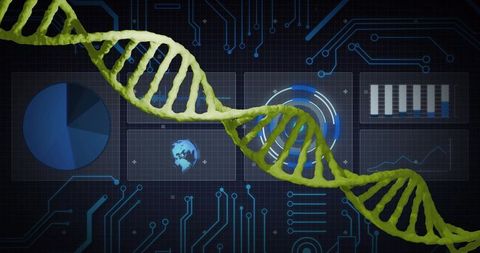 Neon Green DNA Double Helix Overlaid on Cyber Data Dashboard for Genomics and Biotech