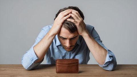 Stressed man contemplating wallet amid financial struggles for financial planning