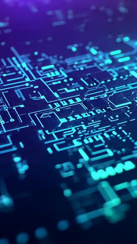 Vertical video shifting focus across neon circuit grid revealing glowing electronic traces