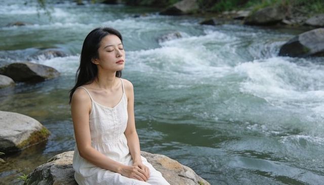 Woman meditating on granite river rock by fast-flowing rapids, serene riverside calm
