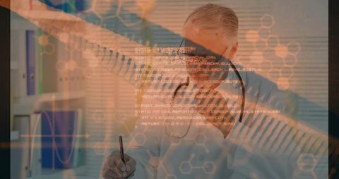 Senior physician writing medical notes with digital health data overlay and hexagon grid
