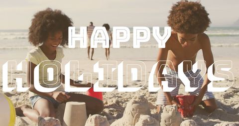 Family Beach Fun with Holiday Greetings in Sunlight