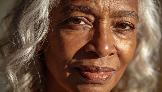 Gazing senior woman with silver hair and expressive textured skin in warm closeup portrait