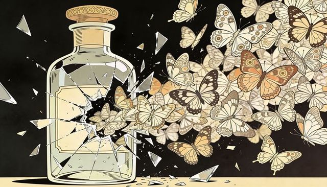 Glass apothecary bottle shattering releasing butterflies in flight