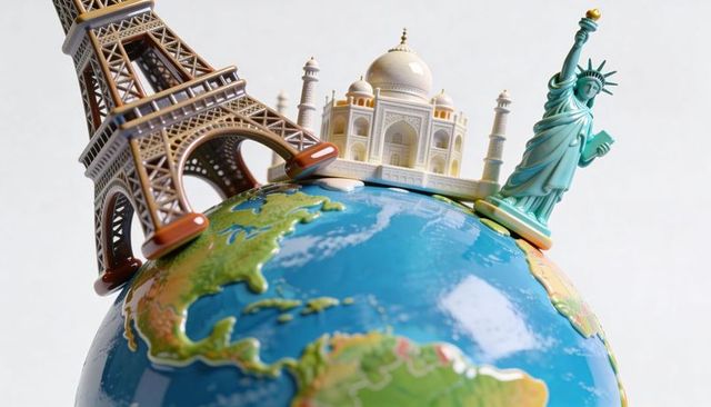 Miniature global landmarks glossy globe featuring eiffel tower taj mahal statue of liberty