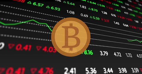 Bitcoin symbol overlaying stock market decline trend