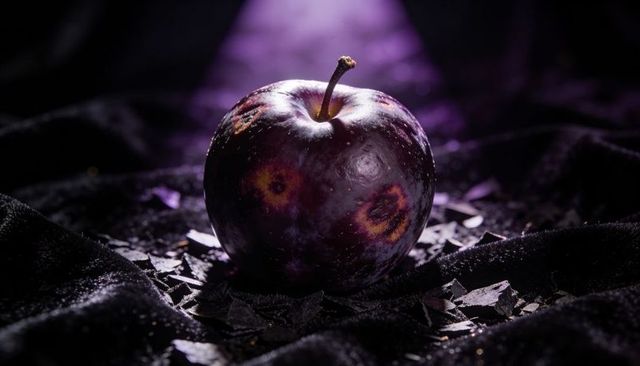 Moody glowing purple plum on black velvet with spotlight and dramatic backlight