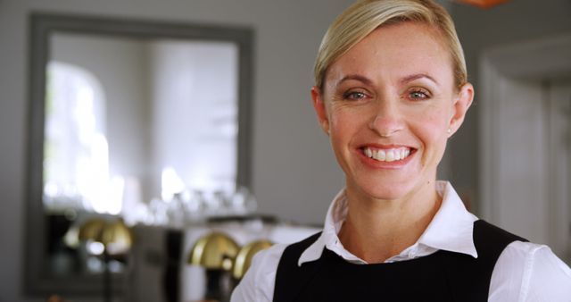 A smiling Caucasian woman in professional attire stands confidently in a room, with copy space. Her friendly demeanor and business-like dress suggest she could be a hospitality professional or in a customer service role.