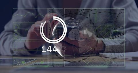 Executive holding smartphone with augmented reality analytics, global map & dashboard HUD