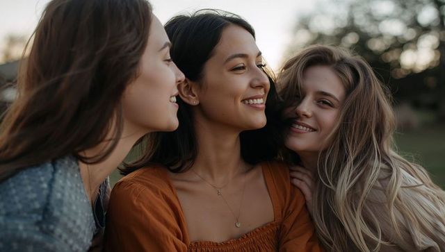 Three friends laughing together in golden hour meadow, candid close friendship portrait