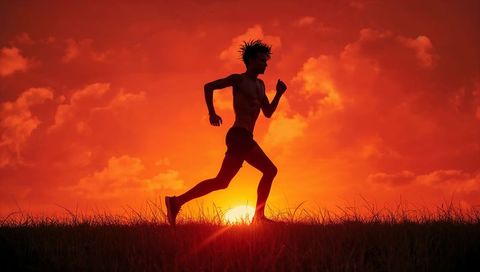 Silhouette Runner Sprinting at Fiery Sunset Over Grassy Horizon for Fitness and Endurance