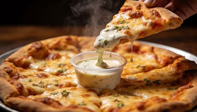Pulling mozzarella pizza slice dipping into creamy garlic herb sauce with steam rising