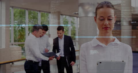 Business Team Collaborating with Data Interface Overlay