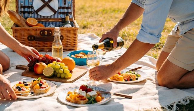 Couple enjoying sunlit picnic in meadow pouring white wine with fresh fruit brunch