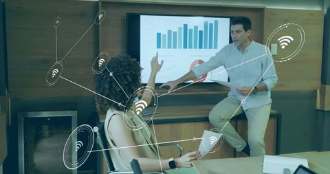Business Meeting Analyzing Data with Connecting Network Graphics